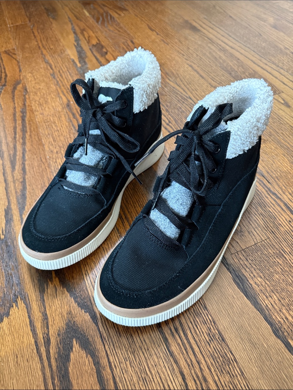 Sorel Black, White and Tan Women's High-Top Sherpa Sneakers
